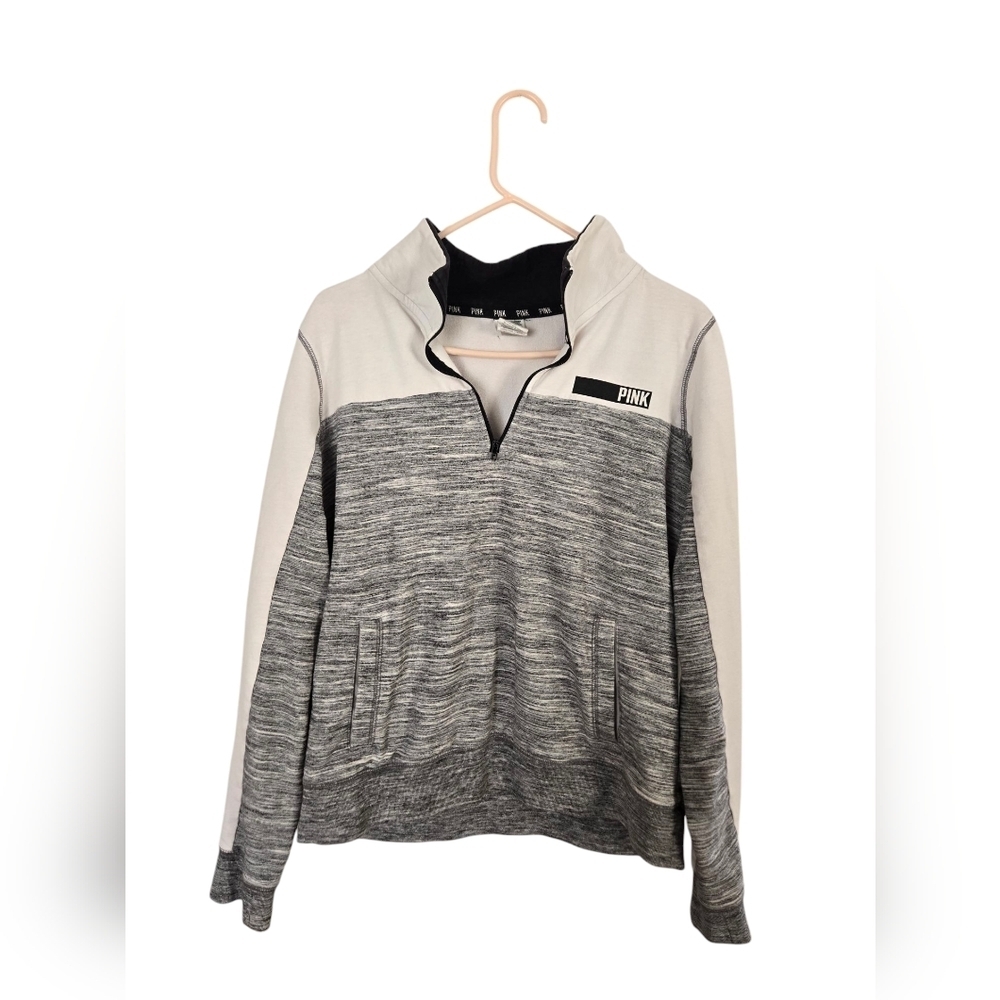 PINK VICTORIAS SECRET Women's Large 1/4 ZIP Gray Pullover Sweatshirt